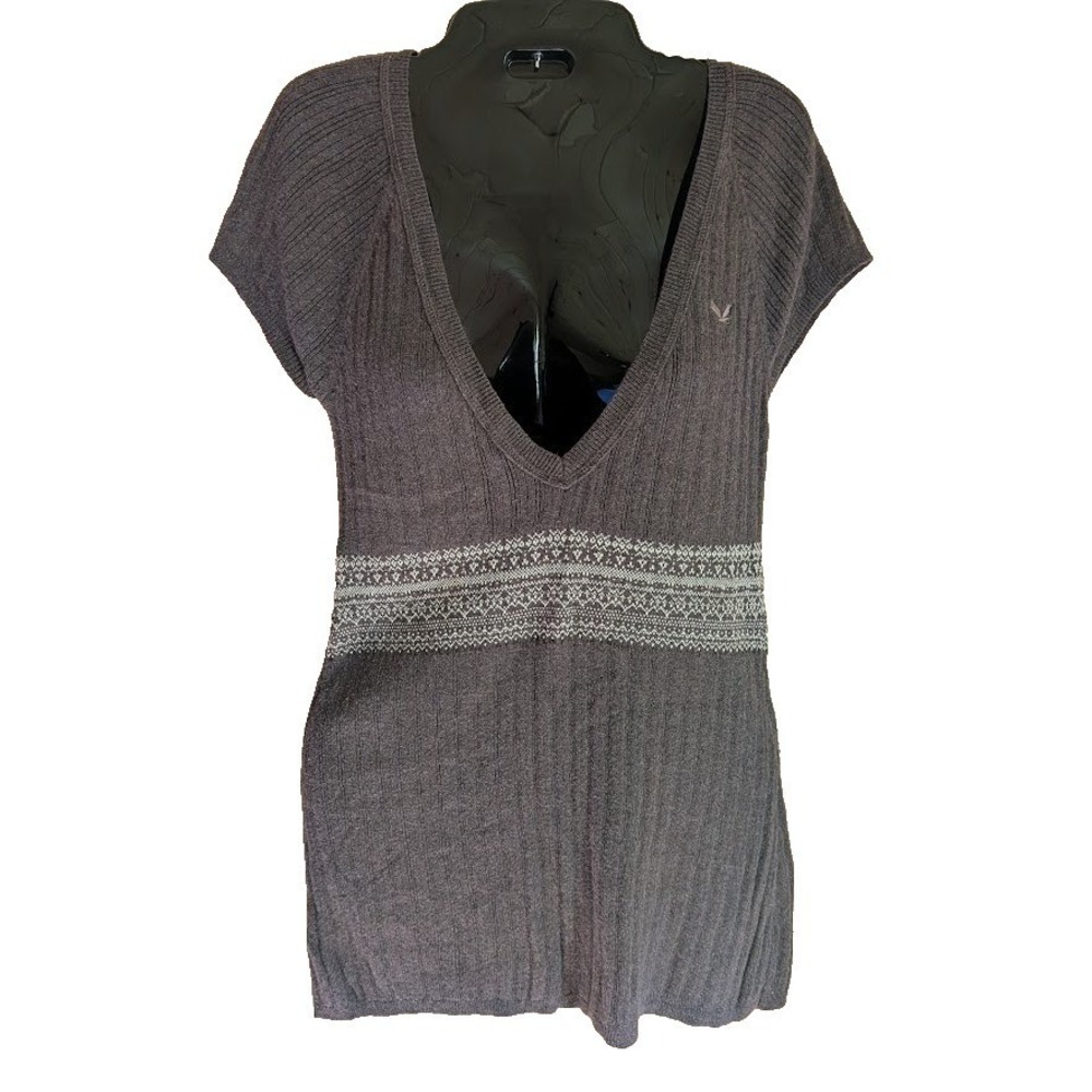 Vintage Women Sweater Top Y2K 90s Style Tunic L Preppy Plunge V Chocolate Brown